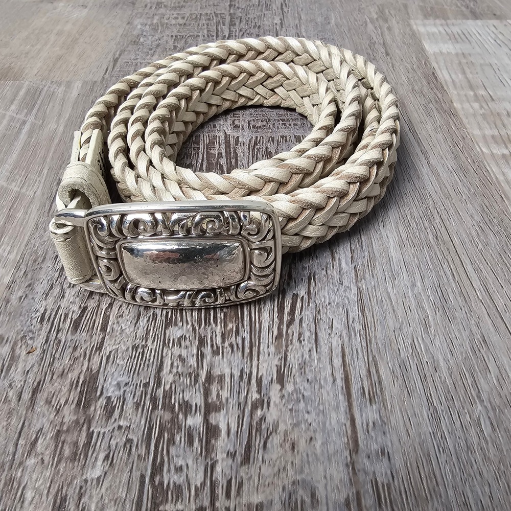 Brighton Womens Braided Leather Belt M Cream Silver Filigree Buckle B21442